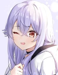  1girl ;d azuma_lim azuma_lim_channel bangs blush commentary_request crossed_bangs eyebrows_visible_through_hair hair_between_eyes highres hood hood_down long_hair long_sleeves one_eye_closed open_mouth purple_hair red_eyes smile solo syhan tearing_up upper_body virtual_youtuber 