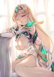  1girl ;o armor backlighting bangs blonde_hair blush breasts chest_jewel cleavage_cutout clothing_cutout dress earrings elbow_gloves gem gloves hanging_breasts headpiece hinot jewelry large_breasts long_hair looking_at_viewer mythra_(xenoblade) one_eye_closed open_mouth short_dress shoulder_armor sitting solo swept_bangs thigh_strap thighs tiara wariza white_dress white_gloves xenoblade_chronicles_(series) xenoblade_chronicles_2 yellow_eyes 