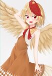  1girl animal_on_head arm_behind_head armpits backlighting bare_arms bare_shoulders bird blonde_hair bloom blush breasts brown_dress chick commentary_request cowboy_shot dakuazu dress dutch_angle eyebrows_visible_through_hair feathered_wings highres looking_to_the_side multicolored_hair niwatari_kutaka on_head open_mouth red_eyes red_neckwear redhead short_hair simple_background sleeveless sleeveless_dress small_breasts smile solo touhou two-tone_hair vest white_background white_vest wings 