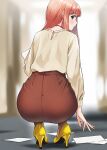  1girl ass blue_eyes blurry blurry_background brown_hair commentary doushimasho eyebrows_visible_through_hair high_heels highres long_hair looking_back office_lady original paper profile reaching solo squatting 