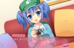  1girl blue_eyes blue_hair blush eyebrows_visible_through_hair fang feeding fork green_headwear hair_bobbles hair_ornament hat holding holding_fork houkiboshi indoors kawashiro_nitori looking_at_viewer open_mouth short_hair short_twintails smile solo touhou translation_request twintails valentine 