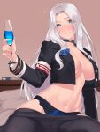  1girl @_@ azur_lane black_choker black_legwear blue_eyes blush breasts choker commentary_request cup drink drinking_glass eyes_visible_through_hair gusset highres hikichi_sakuya holding holding_cup large_breasts long_hair long_sleeves looking_at_viewer midriff navel no_bra open_clothes panties pantyhose pantyhose_pull parted_lips silver_hair sitting smile solo thighband_pantyhose underwear very_long_hair yorktown_(azur_lane) 