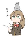  1girl ascot blazer brown_hair brown_jacket cheno_(amakuchi_mustard) commentary cup green_eyes highres holding holding_cup jacket japan_maritime_self-defense_force japan_self-defense_force kantai_collection kumano_(jmsdf) kumano_(kantai_collection) long_hair looking_up military object_namesake object_on_head ponytail school_uniform simple_background solo steam teacup translated upper_body white_background 