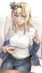  1girl alternate_costume bangs blonde_hair blue_eyes blush braid breasts casual collarbone commentary_request crown cup denim french_braid hairband highres holding holding_cup indoors jacket jeans kantai_collection kokuzou large_breasts long_hair long_sleeves looking_at_viewer mini_crown off_shoulder pants parted_lips shirt short_sleeves sitting smile solo steam tea teacup warspite_(kantai_collection) white_shirt 