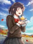  1girl autumn autumn_leaves black_hair black_shirt black_skirt bow clouds creatrail day eating food highres holding holding_food leaf long_sleeves maple_leaf mountainous_horizon open_mouth original outdoors red_bow shirt short_hair skirt solo standing sweater sweet_potato yakiimo 