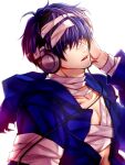  1boy aosame_rain bandages collarbone headphones holding holding_headphones hood hood_down hoodie looking_at_viewer open_mouth purple_hair sound_voltex violet_eyes yasshan 