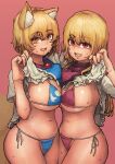  2girls :d absurdres animal_ear_fluff animal_ears bikini blonde_hair blue_bikini blush breast_press breasts brooch chanta_(ayatakaoisii) cowboy_shot fox_ears fox_tail from_side hands_up highres huge_breasts jewelry large_breasts lifted_by_self long_hair looking_at_viewer looking_to_the_side multiple_girls navel open_mouth pink_background pinky_out purple_bikini red_eyes shirt shirt_lift short_hair short_sleeves side-tie_bikini simple_background slit_pupils smile standing sweat swimsuit symmetrical_docking tabard tail touhou white_shirt yakumo_ran yakumo_yukari yellow_eyes 