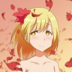  1girl aki_shizuha autumn_leaves bangs blonde_hair blurry blurry_background blurry_foreground cato_(monocatienus) collarbone commentary_request depth_of_field eyes_visible_through_hair falling_leaves hair_ornament leaf leaf_hair_ornament looking_at_viewer medium_hair nude portrait smile solo touhou yellow_eyes 