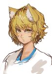  1girl absurdres animal_ear_fluff animal_ears blonde_hair blush chanta_(ayatakaoisii) closed_mouth fox_ears highres looking_at_viewer messy_hair portrait simple_background slit_pupils solo touhou white_background yakumo_ran yellow_eyes 