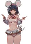  1girl animal_ears bikini black_hair blush bow bow_(bhp) bowtie breasts chinese_zodiac detached_sleeves double_v fake_animal_ears grey_bow hair_bobbles hair_ornament hairband hairclip heart legs_together long_sleeves looking_at_viewer medium_breasts medium_hair micro_bikini microskirt mouse mouse_ears navel original pleated_skirt red_bow red_eyes red_neckwear side-tie_bikini simple_background skirt solo standing sunglasses swimsuit thigh_gap v wavy_mouth white_background white_bikini year_of_the_rat 