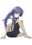  1girl barefoot black_skirt blue_hair bow bowtie full_body furude_rika hand_on_own_knee highres higurashi_no_naku_koro_ni long_hair parted_lips purple_neckwear shirt short_sleeves shosudo simple_background sitting skirt solo suspenders toes violet_eyes white_background white_shirt 