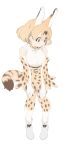  1girl absurdres animal_ears bangs blonde_hair bow bowtie breasts brown_eyes elbow_gloves full_body gloves hands_on_own_knees highres invisible_chair kemono_friends kona_ming medium_breasts print_gloves print_legwear print_neckwear serval_(kemono_friends) serval_ears serval_print serval_tail shoes short_hair simple_background sitting solo tail thigh-highs white_background white_footwear 