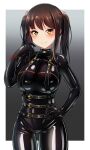  1girl black_bodysuit bodysuit brown_hair commentary_request eyebrows_visible_through_hair hand_on_hip harness highres ibusuki latex latex_bodysuit looking_at_viewer original shiny shiny_clothes skin_tight smile solo twintails yellow_eyes 