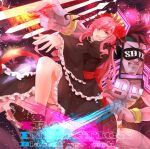  1boy 1girl armband asaya-bigun frills long_hair looking_at_viewer muscle open_mouth outstretched_arm pink_eyes pink_hair pink_skin purple_hair rasis sound_voltex tagme voltenizer_maxima 