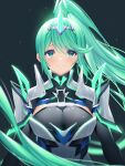  1girl absurdres armor black_gloves blush breasts closed_mouth commentary_request crying crying_with_eyes_open elbow_gloves gloves glowing green_eyes green_hair grey_background grey_leotard high_ponytail highres leotard long_hair looking_at_viewer medium_breasts pauldrons pneuma_(xenoblade) ponytail roi_(liu_tian) shoulder_armor smile solo tears upper_body very_long_hair xenoblade_chronicles_(series) xenoblade_chronicles_2 