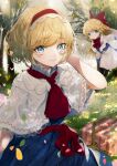  absurdres alice_margatroid blonde_hair blue_dress blue_eyes bug butterfly daimaou_ruaeru dress highres insect leaf light_smile multiple_girls picnic picnic_basket red_ribbon red_scarf ribbon scarf shanghai_doll smile touhou white_shawl 