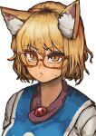  1girl absurdres animal_ear_fluff animal_ears blonde_hair brooch chanta_(ayatakaoisii) closed_mouth fox_ears glasses highres jewelry looking_at_viewer portrait red-framed_eyewear shirt short_hair simple_background slit_pupils solo sweat tabard touhou upper_body white_background white_shirt yakumo_ran yellow_eyes 