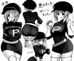  1girl absurdres ass bangs belt blush boots bound breasts breat cabbie_hat clenched_hand commentary cosplay dress flying_sweatdrops from_behind girls_und_panzer gloves greyscale half-closed_eyes hand_in_hair hand_on_hip hat highres holding holding_poke_ball kumo_(atm) leaning_forward long_sleeves looking_at_viewer looking_back medium_breasts microdress monochrome multiple_views nishizumi_miho one_eye_closed open_mouth pencil_dress poke_ball poke_ball_(basic) short_hair smile standing sweatdrop team_rocket_grunt team_rocket_grunt_(cosplay) team_rocket_uniform tearing_up thigh-highs thigh_boots translated 