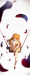  1girl absurdres bangs bare_shoulders blue_eyes breasts closed_mouth collarbone commentary dress eyepatch feathers full_body gradient gradient_background hair_ornament haruato highres knee_up long_hair looking_at_viewer medium_breasts neon_genesis_evangelion orange_hair red_footwear shiny shiny_hair short_dress simple_background sitting sleeveless solo souryuu_asuka_langley swing thighs 