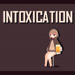  1girl alcohol animated bare_legs beer beer_mug brown_background brown_hair brown_jacket cup drunk english_text glitch holding holding_cup jacket lowres mug original pixel_art short_hair simple_background solo sotie spinning stool 