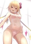  1girl amisu blonde_hair breasts contrapposto cowboy_shot flandre_scarlet hair_ribbon highres long_hair looking_at_viewer medium_breasts open_mouth red_eyes red_ribbon ribbon school_swimsuit simple_background smile solo standing swimsuit touhou wet white_background white_swimsuit wings 