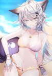  1girl alternate_costume animal_ears arknights bangs bare_shoulders bikini breasts fingerless_gloves gloves grey_eyes highres hq_(8quuu_) jewelry lappland_(arknights) long_hair necklace silver_hair smile solo swimsuit wolf_ears wolf_girl 