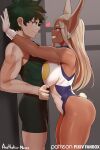  1boy 1girl aestheticc-meme against_wall animal_ears artist_name ass assertive boku_no_hero_academia breast_press breasts bunny_tail curvy dark_skin dark-skinned_female freckles gloves green_eyes green_hair grin heart highres interracial large_breasts leotard long_hair midoriya_izuku mirko muscle muscular_female rabbit_ears rabbit_girl red_eyes scar short_hair shorts smile tail thick_thighs thighs white_gloves white_hair 