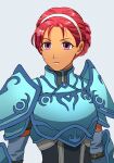  1girl arm_belt armor arms_at_sides breastplate closed_mouth dark_skin donta30303 elbow_pads elbow_sleeve fiona_(fire_emblem) fire_emblem hairband looking_at_viewer redhead short_hair shoulder_armor simple_background upper_body violet_eyes 