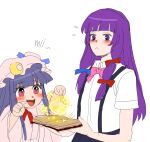  2girls absurdres blue_hair blue_ribbon blush book cosplay crescent crescent_hair_ornament crossover furude_rika furude_rika_(cosplay) glowing hair_ornament hat hat_ribbon highres higurashi_no_naku_koro_ni holding holding_book kuya_(hey36253625) long_hair magic mob_cap multiple_girls open_book open_mouth pajamas patchouli_knowledge patchouli_knowledge_(cosplay) pink_ribbon purple_hair red_eyes red_ribbon ribbon shirt skirt smile suspender_skirt suspenders touhou very_long_hair white_shirt 