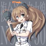  1girl 547th_sy alternate_costume arrow_(symbol) background_text black_neckwear blue_eyes brown_hair commentary_request embarrassed grey_background highres kantai_collection kumano_(jmsdf) kumano_(kantai_collection) long_hair looking_at_viewer military military_uniform naval_uniform necktie ponytail solo torch uniform wavy_mouth 