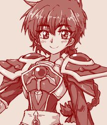  1girl armor bangs braid braided_ponytail eyebrows_visible_through_hair fantasy hair_between_eyes light_blush long_hair looking_at_viewer lowres magic_knight_rayearth magical_girl monochrome pochiiru_(uowou) shidou_hikaru smile solo 