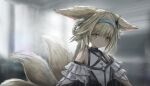  1girl amanundius animal_ear_fluff animal_ears arknights bare_shoulders blonde_hair blue_bow blurry blurry_background blush bow braid breasts closed_mouth commentary ears_down eyebrows eyebrows_visible_through_hair fox_ears fox_tail frilled_sleeves frills hair_bow happy head_tilt highres indoors looking_at_viewer medium_hair multiple_tails off_shoulder shirt short_hair sidelocks small_breasts smile solo strap suzuran_(arknights) tail wall white_shirt white_sleeves window yellow_eyes 