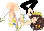  1girl arm_behind_head arm_up blue_panties breasts brown_eyes brown_hair cheerleader commentary_request countdown hairband haruhisky kneehighs knees_up lying medium_breasts midriff navel number on_stomach open_mouth panties pom_poms ribbon shoes short_hair skirt smile sneakers solo suzumiya_haruhi suzumiya_haruhi_no_yuuutsu tank_top underwear white_footwear white_legwear white_tank_top yellow_hairband yellow_pom_poms yellow_ribbon yellow_skirt 