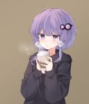  1girl black_hoodie brown_background coffee_cup commentary cup disposable_cup donguri_karappo hair_ornament hair_tubes highres holding holding_cup hood hoodie parted_lips purple_hair short_hair_with_long_locks sidelocks solo steam symbol_commentary upper_body violet_eyes vocaloid voiceroid yuzuki_yukari 