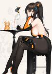  1girl bangs black_footwear black_hair blush breasts commentary_request cup dress drone elbow_gloves gloves gun hand_on_own_cheek handgun hayabusa high_heels highres holster holstered_weapon large_breasts long_hair looking_at_viewer mole mole_on_breast mole_under_eye orange_eyes original pantyhose ponytail pouring side_slit sideboob sidelocks sitting sitting_on_object sleeveless sleeveless_dress slit_pupils solo stuffed_animal stuffed_toy table tea teacup teddy_bear weapon 