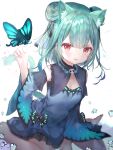  1girl animal_ears animal_on_hand bangs barefoot black_bow blue_dress blue_sleeves blurry blurry_background blush bow breasts bug butterfly butterfly_on_finger cat_ears cat_girl cat_tail depth_of_field detached_sleeves double_bun dress eyebrows_visible_through_hair fang frilled_dress frills green_eyes hair_between_eyes hair_bow hair_ornament hand_up highres hololive insect kemonomimi_mode long_sleeves looking_at_viewer parted_lips red_eyes rukako signature sitting skull_hair_ornament sleeveless sleeveless_dress small_breasts smile solo tail uruha_rushia virtual_youtuber wariza water_drop white_background wide_sleeves 