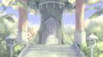  arch blurry brown_eyes chocolatte commentary_request day eevee fur gen_1_pokemon grass highres looking_at_viewer no_humans outdoors peeking_out pokemon pokemon_(creature) shrine sky solo stairs tree 