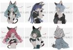  6+girls animal_ears aqua_eyes aqua_hair aqua_nails bangs black_bow blue_hair blunt_bangs bow breasts cat_ears cat_tail character_name copyright_name fingerless_gloves gloves green_hair grey_eyes grey_hair hair_bow hand_up heart highres long_hair medium_breasts midriff multiple_girls muted_color navel nekosuke_(oxo) pink_hair red_eyes red_nails short_hair sleeves_past_wrists small_breasts tail valis_(youtube) white_gloves yellow_eyes 