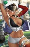  1girl absurdres animal_hat armpits arms_up bandaged_arm bandages blush breasts cat_hat clover cropped_vest dark_skin dark-skinned_female four-leaf_clover groin guilty_gear guilty_gear_strive hair_between_eyes hat highres large_breasts midriff navel panamuru platinum_blonde_hair ramlethal_valentine short_shorts shorts solo stairs sweat thigh_strap vest yellow_eyes 