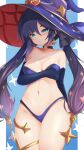  1girl absurdres aqua_eyes bikini black_gloves black_hair blue_bikini breasts genshin_impact gloves highres long_hair looking_at_viewer medium_breasts mizuno_tera mona_(genshin_impact) swimsuit thighs twintails 