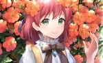  1girl akito_(yukiseakito) artist_name bangs blush bow brown_bow character_request closed_mouth eyebrows_visible_through_hair flower green_eyes hair_between_eyes hair_bow hand_up looking_at_viewer purple_bow red_flower redhead shirt signature smile tales_weaver upper_body white_shirt 