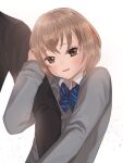  1boy 1girl arm_hug blush brown_eyes cardigan check_commentary commentary commentary_request highres holding_arm light_brown_hair looking_at_viewer open_mouth original out_of_frame ribbon ritasato short_hair simple_background smile white_background 