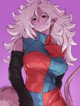  1girl android_21 breasts checkered checkered_dress closed_mouth dragon_ball dragon_ball_fighterz dress earrings hoop_earrings jewelry kemachiku long_hair looking_at_viewer majin_android_21 medium_breasts pink_background pink_skin pointy_ears red_eyes simple_background solo tail white_hair 