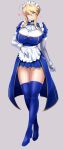  1girl apron artoria_pendragon_(all) artoria_pendragon_(lancer) ascot bangs blue_dress blue_legwear blush boots braid breasts brooch dress fate/grand_order fate_(series) french_braid full_body gloves hair_between_eyes high_heel_boots high_heels highres huge_breasts jewelry kumakichi_(cost-lost) long_hair long_sleeves looking_at_viewer maid_headdress puffy_short_sleeves puffy_sleeves short_sleeves sidelocks thigh-highs thigh_boots waist_apron white_gloves 