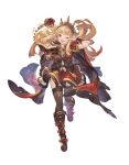  1girl absurdres blonde_hair book boots bracer cagliostro_(granblue_fantasy) cape floating_hair full_body granblue_fantasy granblue_fantasy_versus headdress highres holding holding_book long_hair looking_at_viewer official_art one_eye_closed open_book open_mouth short_sleeves skirt solo thigh-highs transparent_background zettai_ryouiki 
