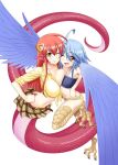  2girls ;) ;d ahoge asymmetrical_docking belt blue_hair blue_wings blush breast_press breasts cover cover_page feathered_wings flat_chest full_body hair_ornament hairclip harpy lamia large_breasts long_hair looking_at_viewer manga_cover miia_(monster_musume) miniskirt monster_girl monster_musume_no_iru_nichijou multiple_girls navel official_art okayado one_eye_closed open_mouth orange_eyes papi_(monster_musume) pointy_ears redhead scales shirt short_hair short_shorts shorts simple_background skirt slit_pupils smile talons tied_shirt white_background wings yellow_eyes 