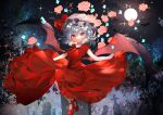  1girl alternate_costume bat bat_wings black_ribbon blue_hair closed_mouth clouds commentary_request dress flower full_body full_moon graveyard hat lifted_by_self looking_at_viewer mary_janes mob_cap moon night night_sky omodaka_romu pink_flower red_dress red_eyes red_footwear remilia_scarlet ribbon rose shoes short_hair skirt skirt_lift sky smile solo sparkle symbol_commentary tombstone touhou white_headwear wings 