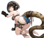 1girl all_fours arknights ass barefoot bikini bikini_top black_bikini black_gloves black_hair breasts closed_mouth commentary english_text eunectes_(arknights) full_body gloves gnai hair_ornament hairband highres looking_at_viewer medium_breasts pointy_ears short_hair simple_background smile snake_tail solo swimsuit tail thigh_strap thighs torn_clothes traditional_media white_background yellow_eyes 