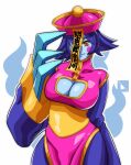 1girl blue_skin blush_stickers breasts brown_eyes capcom chinese_clothes claws cleavage cleavage_cutout cowboy_shot curvy darkstalkers female female_only hat highres hsien-ko huge_breasts jiangshi leone145d86 looking_at_viewer smile solo standing vampire_(game) weapon wide_sleeves 
