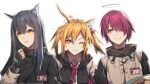  3girls animal_ear_fluff animal_ears arknights bangs black_gloves black_hair blonde_hair commentary_request exusiai_(arknights) eyebrows_visible_through_hair fingerless_gloves food gloves hair_between_eyes hair_over_one_eye halo holding holding_food id_card jacket long_hair long_sleeves looking_at_another multiple_girls pocky red_eyes redhead short_hair simple_background smile sora_(arknights) teeth texas_(arknights) upper_body white_background white_jacket wolf_ears x13710557267 